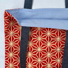 Load image into Gallery viewer, Tote bag. Vintage Japanese kimono fabric with a stonewashed yellow cotton canvas bottom.
