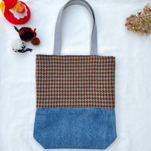 Load image into Gallery viewer, Tote bag. Brown and grey houndstooth wool and blue denim tote. Ex designer fabric.
