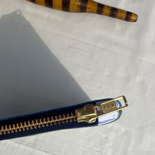 Load image into Gallery viewer, Gorgeous green quilted cotton and light blue cotton denim pouch. 2-fabric pouch with YKK zip. Zippered purse. Zippered pouch.
