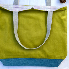 Load image into Gallery viewer, XL Tote bag. Lime green corduroy and blue cotton denim tote bag.
