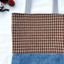 Load image into Gallery viewer, Tote bag. Brown and grey houndstooth wool and blue denim tote. Ex designer fabric.
