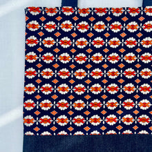 Load image into Gallery viewer, Tote bag. Vintage Japanese kimono fabric with an indigo blue denim bottom.
