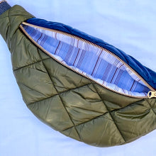Load image into Gallery viewer, One-of-a-kind tote sling bag. Olive green and blue woven quilt fabric, lined with a gorgeous blue and brown stripe cotton poplin ex-designer fabric.
