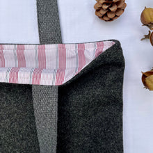 Load image into Gallery viewer, Tote bag. Luxurious grey tweed wool fabric and burgundy leather round bottom.
