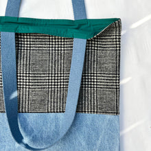 Load image into Gallery viewer, Tote bag. Black and white « Prince of Wales » patterned wool and light blue denim tote. Ex designer fabric.
