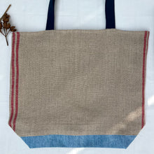 Load image into Gallery viewer, XL Tote Bag. Natural French linen fabric with raspberry red stripes and a light blue denim bottom.
