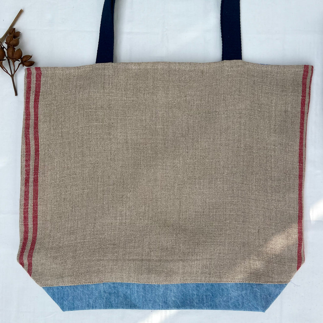 XL Tote Bag. Natural French linen fabric with raspberry red stripes and a light blue denim bottom.