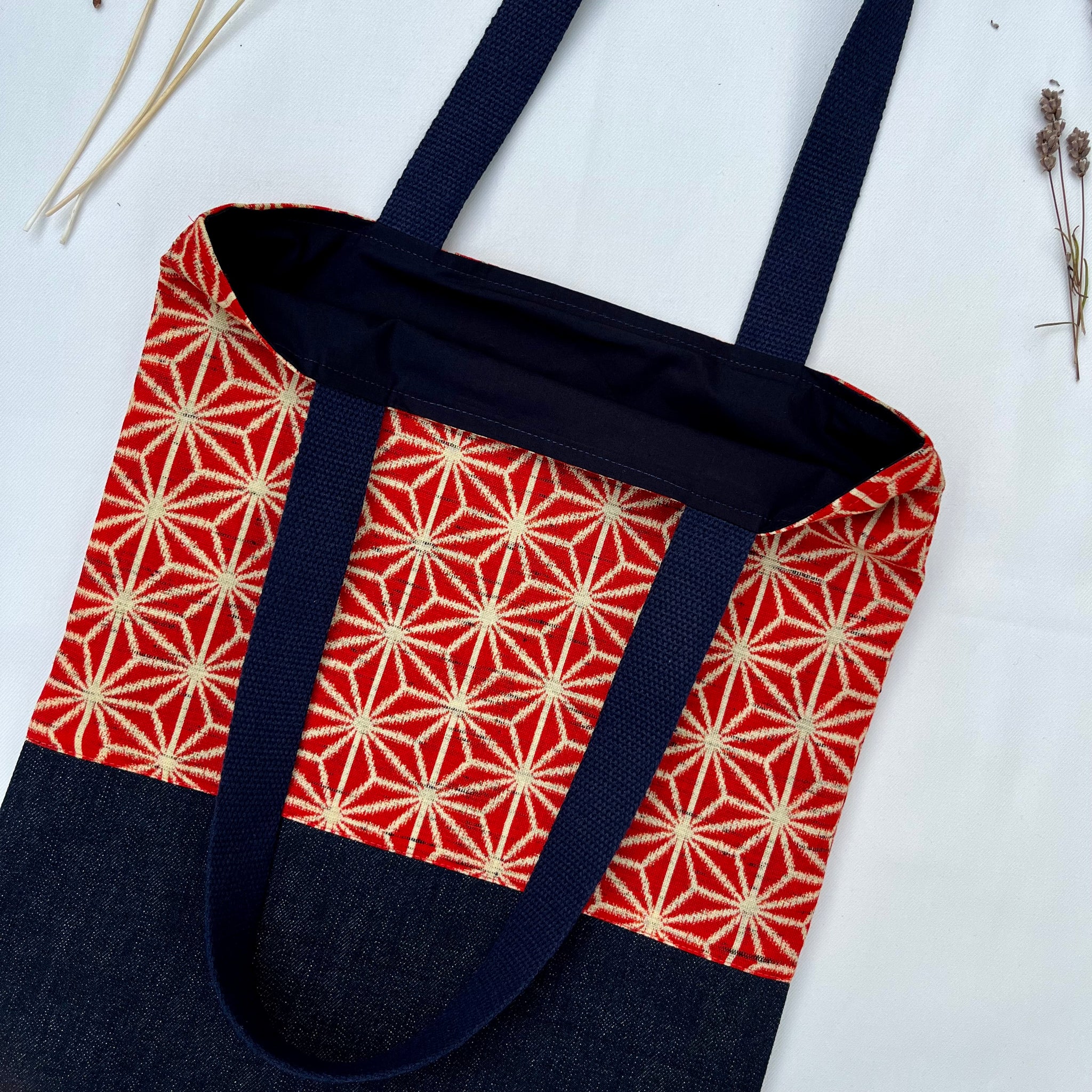 Tote bag. Vintage Japanese kimono fabric with a red bonded denim