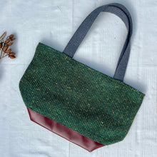 Load image into Gallery viewer, Handbag. XS Bag. Ex-designer green tweed wool fabric and burgundy leather bag.
