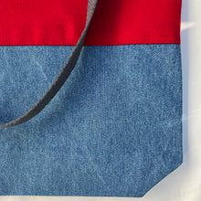 Load image into Gallery viewer, Tote bag. Ex designer red wool and blue denim tote.
