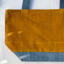 Load image into Gallery viewer, xs Handbag. Bag. Ex designer canary yellow cotton needlecord and blue denim handbag.
