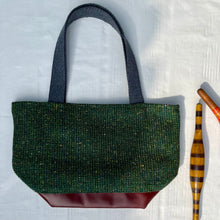 Load image into Gallery viewer, Handbag. XS Bag. Ex-designer green tweed wool fabric and burgundy leather bag.
