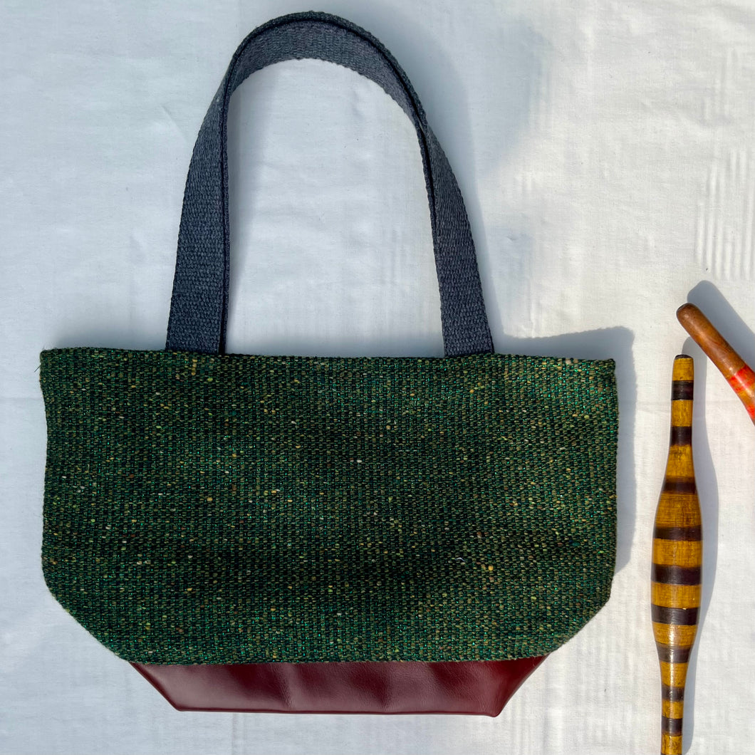 Handbag. XS Bag. Ex-designer green tweed wool fabric and burgundy leather bag.