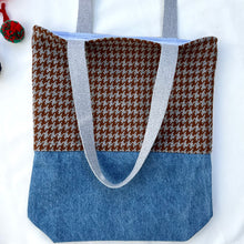 Load image into Gallery viewer, Tote bag. Brown and grey houndstooth wool and blue denim tote. Ex designer fabric.
