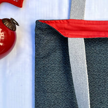 Load image into Gallery viewer, Tote bag. Vintage Japanese kimono fabric. Blue grey textured seigaiha pattern. Indigo blue cotton denim bottom.
