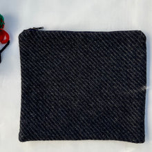 Load image into Gallery viewer, Navy blue and grey wool pouch and dark chocolate brown leather. 2-material pouch. Pouch with YKK zip. Zippered purse. Zippered pouch.
