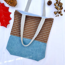 Load image into Gallery viewer, Tote bag. Luxurious grey and brown houndstooth patterned wool and blue cotton denim tote. Ex designer fabric.
