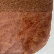 Load image into Gallery viewer, Tote bag. Luxurious brown wool fabric and distressed brown leather round bottom.

