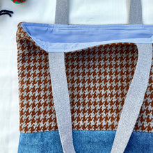 Load image into Gallery viewer, Tote bag. Brown and grey houndstooth wool and blue denim tote. Ex designer fabric.
