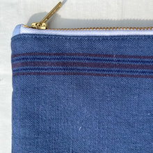 Load image into Gallery viewer, Blue indigo striped Pouch with zip. Cotton/Linen washbag. Zippered pouch. YKK zipper.
