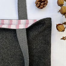 Load image into Gallery viewer, Tote bag. Luxurious grey tweed wool fabric and burgundy leather round bottom.
