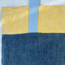 Load image into Gallery viewer, Tote bag. 100% linen tote bag. Stonewashed yellow and blue grey linen. Lined with an ex designer linen fabric.
