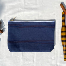 Load image into Gallery viewer, Blue indigo striped Pouch with zip. Cotton/Linen washbag. Zippered pouch. YKK zipper.
