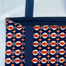 Load image into Gallery viewer, Tote bag. Vintage Japanese kimono fabric with an indigo blue denim bottom.
