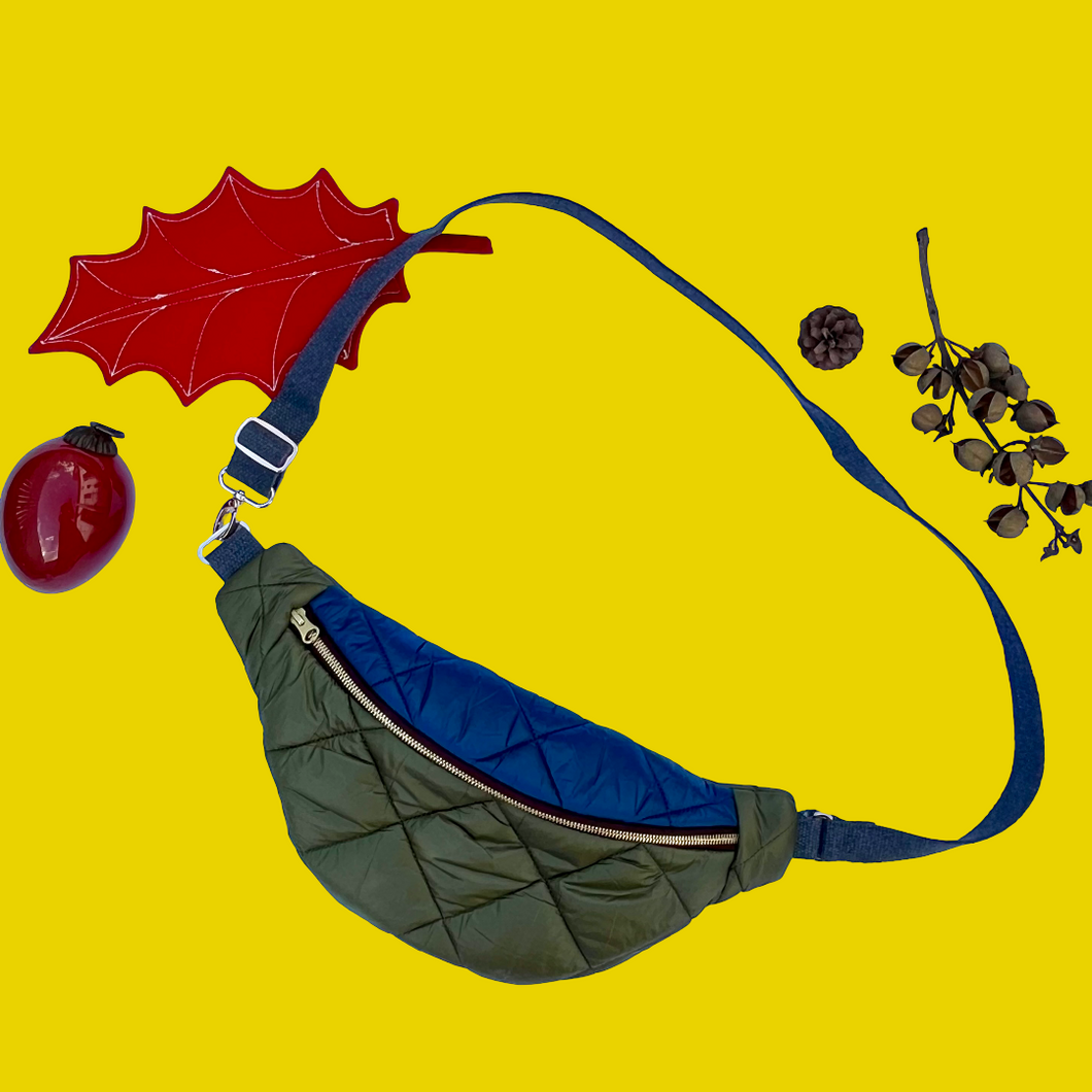 One-of-a-kind tote sling bag. Olive green and blue woven quilt fabric, lined with a gorgeous blue and brown stripe cotton poplin ex-designer fabric.