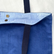 Load image into Gallery viewer, XL Tote bag. Blue cobalt corduroy and red cotton canvas tote bag.
