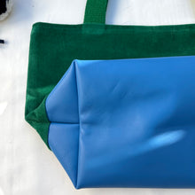 Load image into Gallery viewer, xs Handbag. Bag. Ex designer green cotton needlecord and blue leather handbag.
