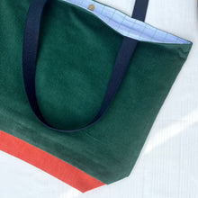 Load image into Gallery viewer, XL Tote bag. Pine green cotton corduroy and orange cotton denim tote bag.

