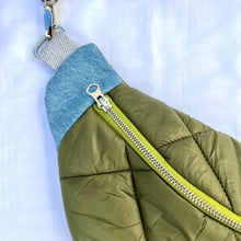Load image into Gallery viewer, One-of-a-kind tote sling bag. Olive green woven quilt fabric, lined with a gorgeous blue and brown stripe cotton poplin ex-designer fabric.
