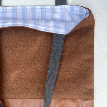 Load image into Gallery viewer, Tote bag. Luxurious brown wool fabric and distressed brown leather round bottom.
