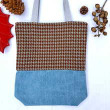 Load image into Gallery viewer, Tote bag. Luxurious grey and brown houndstooth patterned wool and blue cotton denim tote. Ex designer fabric.
