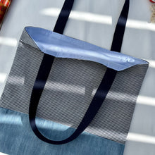 Load image into Gallery viewer, One of a kind bag. Tote Bag. Striped blue and white cotton denim with a dark blue denim bottom.
