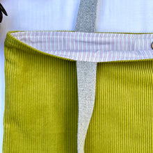 Load image into Gallery viewer, XL Tote bag. Lime green corduroy and blue cotton denim tote bag.
