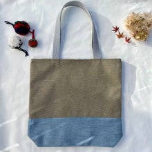 Load image into Gallery viewer, Tote bag. Light camel brown cotton canvas and stonewashed light blue denim tote.
