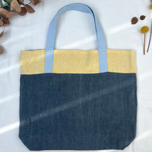 Load image into Gallery viewer, Tote bag. 100% linen tote bag. Stonewashed yellow and blue grey linen. Lined with an ex designer linen fabric.
