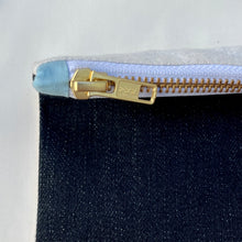 Load image into Gallery viewer, Red striped linen fabric and indigo blue denim fabric pouch. 2-fabric pouch. Zippered purse. Zippered pouch. YKK metal zipper.
