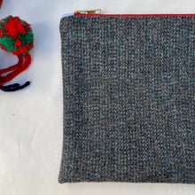 Load image into Gallery viewer, Grey and green textured Donegal wool pouch. Pouch with YKK zip. Zippered purse. Zippered pouch.
