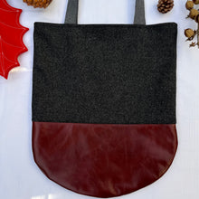 Load image into Gallery viewer, Tote bag. Luxurious grey tweed wool fabric and burgundy leather round bottom.
