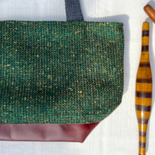 Load image into Gallery viewer, Handbag. XS Bag. Ex-designer green tweed wool fabric and burgundy leather bag.
