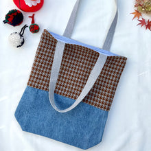 Load image into Gallery viewer, Tote bag. Brown and grey houndstooth wool and blue denim tote. Ex designer fabric.
