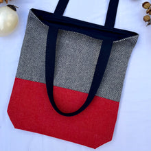Load image into Gallery viewer, Tote bag. Navy blue and white herringbone wool fabric and blue denim tote. Ex designer fabric.
