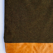 Load image into Gallery viewer, Tote bag. Luxurious dark olive green tweed wool fabric and saddle brown leather round bottom.
