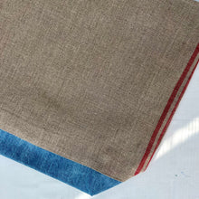 Load image into Gallery viewer, XL Tote Bag. Natural French linen fabric with raspberry red stripes and a light blue denim bottom.
