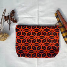Load image into Gallery viewer, Orange and brown Japanese fabric washbag. Asanoha silk fabric Pouch with zip. Zippered pouch. YKK zipper.

