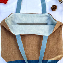 Load image into Gallery viewer, XL Tote Bag. Natural stonewashed brown French linen fabric and a blue cotton denim bottom.
