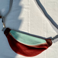 Load image into Gallery viewer, One-of-a-kind tote sling bag. Gorgeous mint green and rust cotton corduroy. Lined with a navy blue and burgundy striped cotton poplin fabric.
